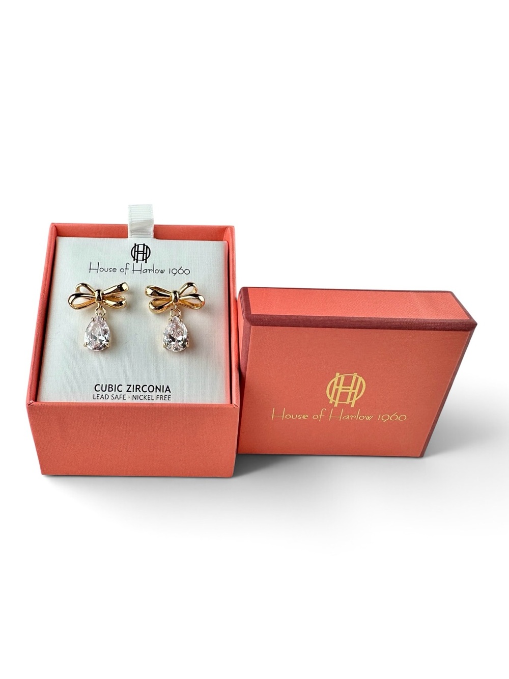 House of Harlow 1960 Gold Bow Cubic Zirconia Drop Earrings - Picture 2 of 2